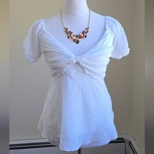 Bailey/44 White Puff Sleeve Blouse with Ruched Tie Front Size M